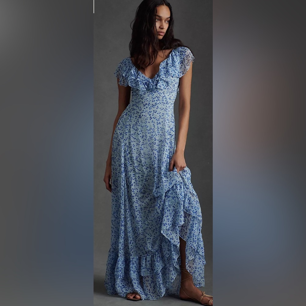 Sachin & Babi Anthropologie Ivy Chiffon Flutter-Sleeve Ruffled V-Neck Gown